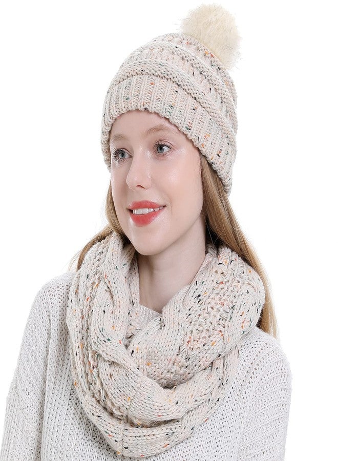 Double Couple Womens Scarf Beanie Hat with Faux Fur Ball Set Thick Winter Cable Knitted Circle Loop Infinity Scarfs for Women (Mix Beige Pom Pom Set) - Image 5